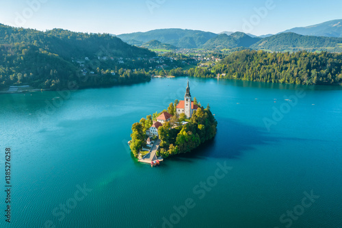 Bled lake in Slovenia. Aerial view of the famous island with a historic Church