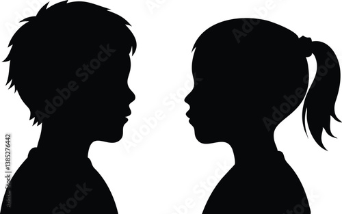 Silhouette of Boy and Girl Profile with Ponytail on Isolated Transparent Background