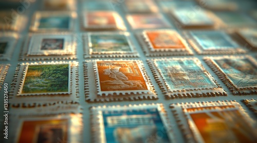 Colorful Close-Up of Stamps Displaying Vivid Designs and Intricate Details on a Flat Surface for Philately Enthusiasts and Collectors