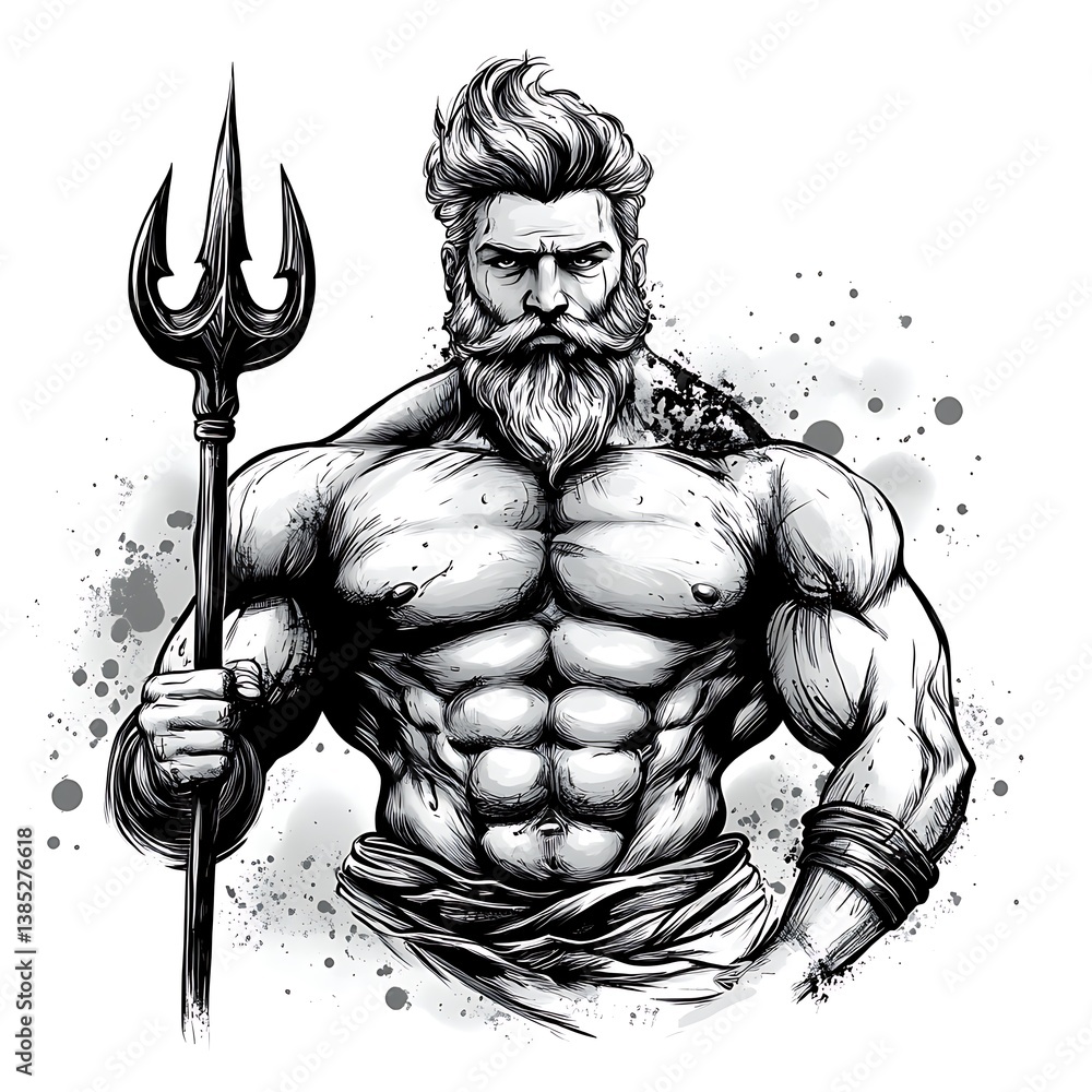 Obraz premium Powerful Muscular God-like Figure with Trident; A Dramatic Black and White Illustration.