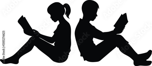 Silhouette of Boy and Girl Reading Books While Sitting on a White Background