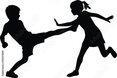 Silhouette of Boy Kicking, Girl Defending in Active Play on Transparent Background