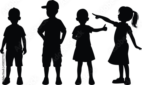Silhouette of Children Group in Various Poses on White Background