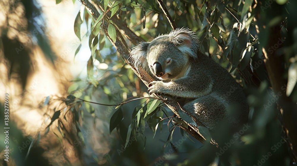Obraz premium Koala resting in eucalyptus tree at sunset.