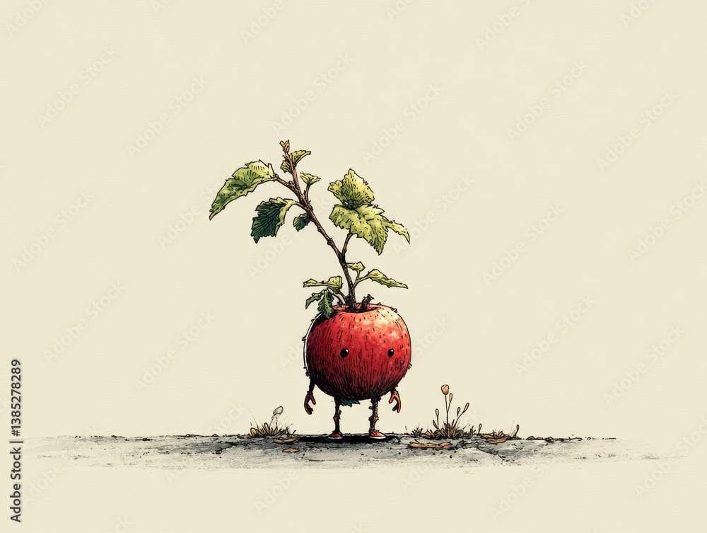 Cute little apple creature with leaves and tiny arms standing on earthy ground for children’s book concept