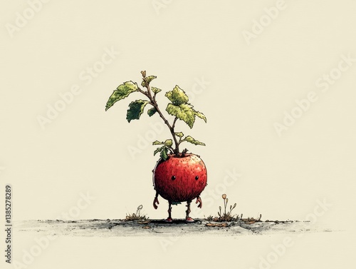 Obraz na płótnie Cute little apple creature with leaves and tiny arms standing on earthy ground for children’s book concept w salonie