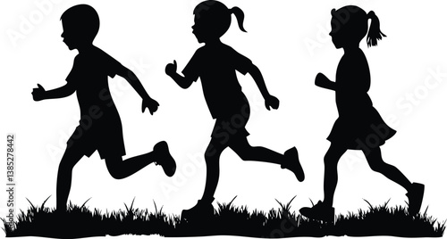 Silhouette Of Kids Running on Grass With White Background Child Activity