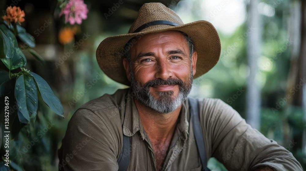 A friendly man wearing a straw hat smiles warmly amidst a lush green background, showcasing a connection to nature and a life filled with joy and tranquility. A friendly man wearing a straw hat smiles warmly amidst a lush green background, showcasing a connection to nature and a life filled with joy and tranquility.