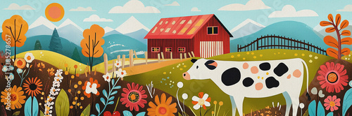 Colorful flat farm illustration with cows, flowers, red barn, trees and mountains. Whimsical countryside landscape in naive style, perfect for kids and eco-themed designs.
