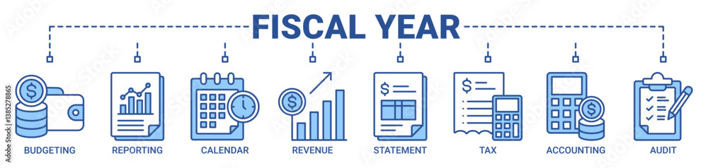Fiscal year banner web icon vector illustration concept with icon of budgeting, reporting, calendar, revenue, statement, tax, accounting, and audit icons outline blue color background. Fiscal year banner web icon vector illustration concept with icon of budgeting, reporting, calendar, revenue, statement, tax, accounting, and audit icons outline blue color background.
