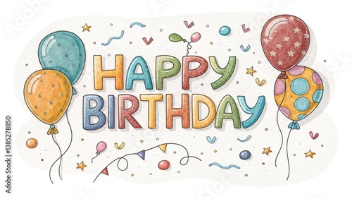  Happy birthday illustration with balloons and confetti