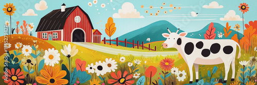 Colorful flat farm illustration with cows, flowers, red barn, trees and mountains. Whimsical countryside landscape in naive style, perfect for kids and eco-themed designs.