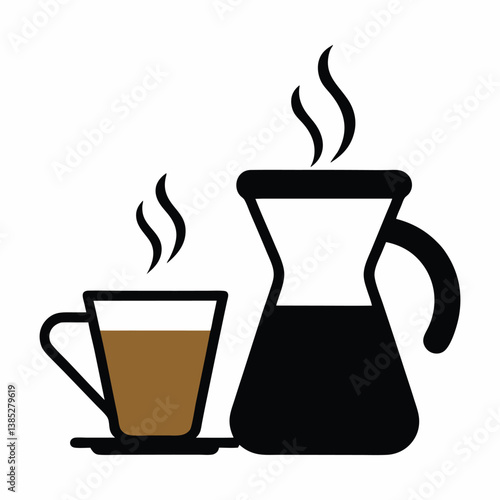 A coffee dripper and mug with steam rising