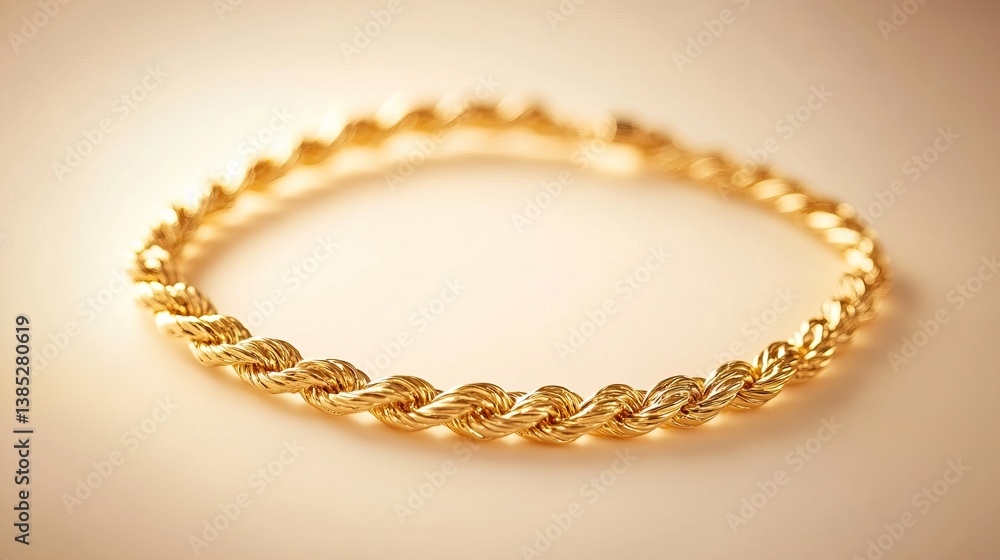 A twisted gold chain necklace positioned on a cream-colored background with soft light A twisted gold chain necklace positioned on a cream-colored background with soft light