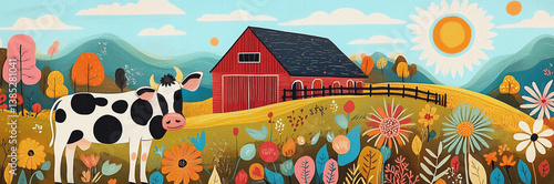 Colorful flat farm illustration with cows, flowers, red barn, trees and mountains. Whimsical countryside landscape in naive style, perfect for kids and eco-themed designs.