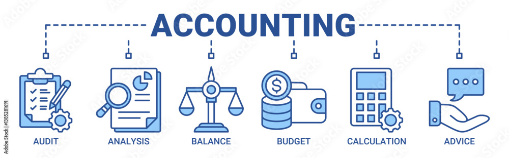 Accounting banner web icon vector illustration concept for business and finance with an icon of the audit, analysis, balance, budget, calculation and advice icons outline blue color symbol background. Accounting banner web icon vector illustration concept for business and finance with an icon of the audit, analysis, balance, budget, calculation and advice icons outline blue color symbol background.
