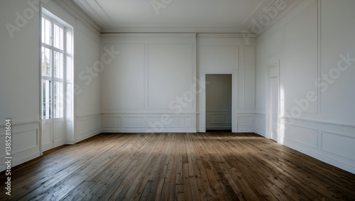Spacious empty room with white walls and wooden floors