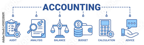 Accounting banner web icon vector illustration concept for business and finance with an icon of the audit, analysis, balance, budget, calculation and advice icons outline blue color symbol background.