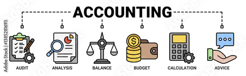 Accounting banner web icon vector illustration concept for business and finance with an icon of the audit, analysis, balance, budget, calculation, and advice icons symbol background.