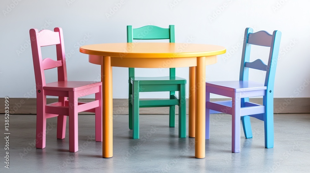 Colorful children's table and chair set arranged neatly on clean surface Colorful children's table and chair set arranged neatly on clean surface
