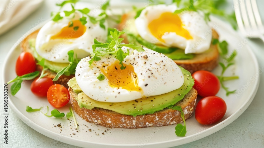A healthy avocado toast with poached eggs on a plate. Featuring nourishment and simplicity A healthy avocado toast with poached eggs on a plate. Featuring nourishment and simplicity
