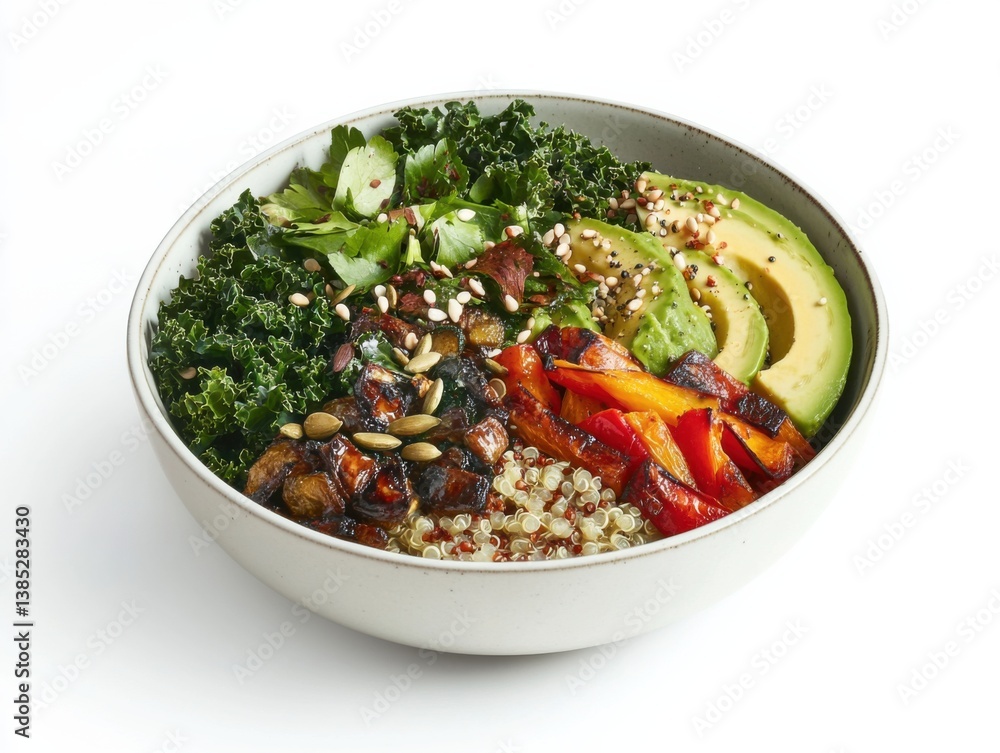 A healthy grain bowl with quinoa, kale, roasted vegetables, and avocado. Featuring nutrition and balance A healthy grain bowl with quinoa, kale, roasted vegetables, and avocado. Featuring nutrition and balance