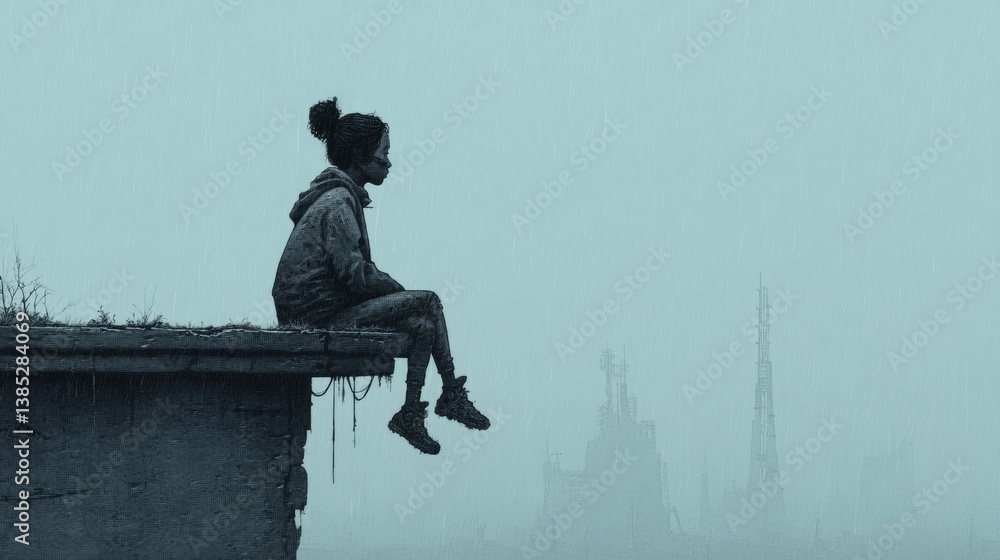 Young woman on rooftop in rainy weather looking at cyberpunk skyline in melancholic silence