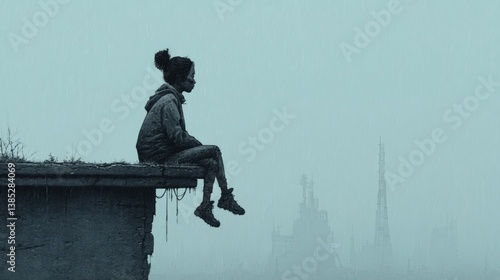 Obraz na płótnie Young woman on rooftop in rainy weather looking at cyberpunk skyline in melancholic silence w salonie