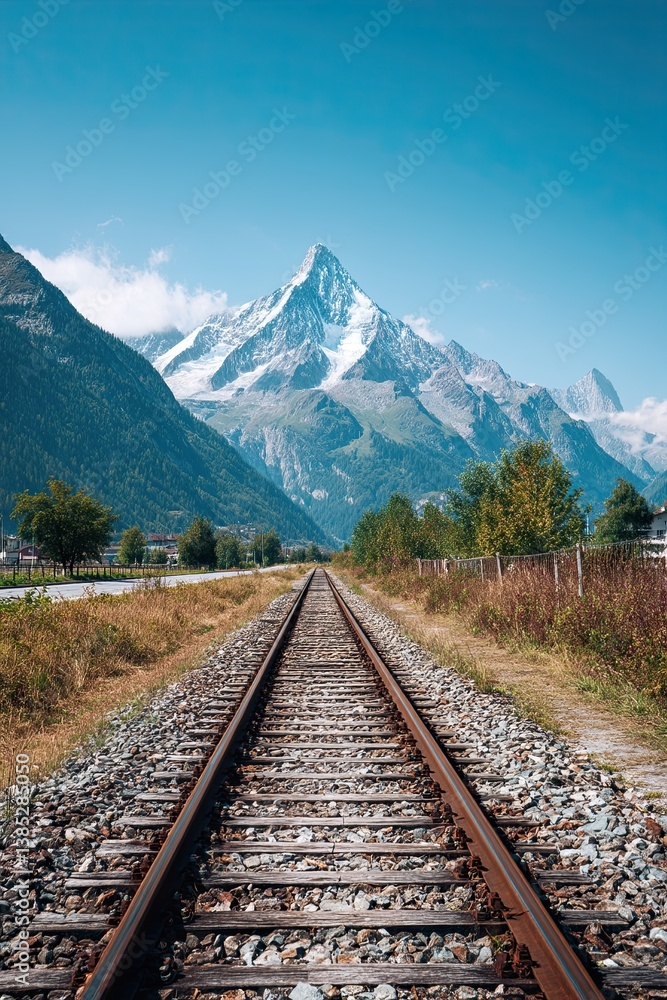 Fototapeta premium Railway leading through scenic valley with snow-covered mountains and clear blue sky in bright daylight