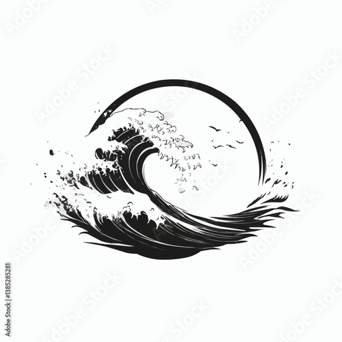 Modern Stylized Ocean Wave with Birds in Circular Frame in Black and White