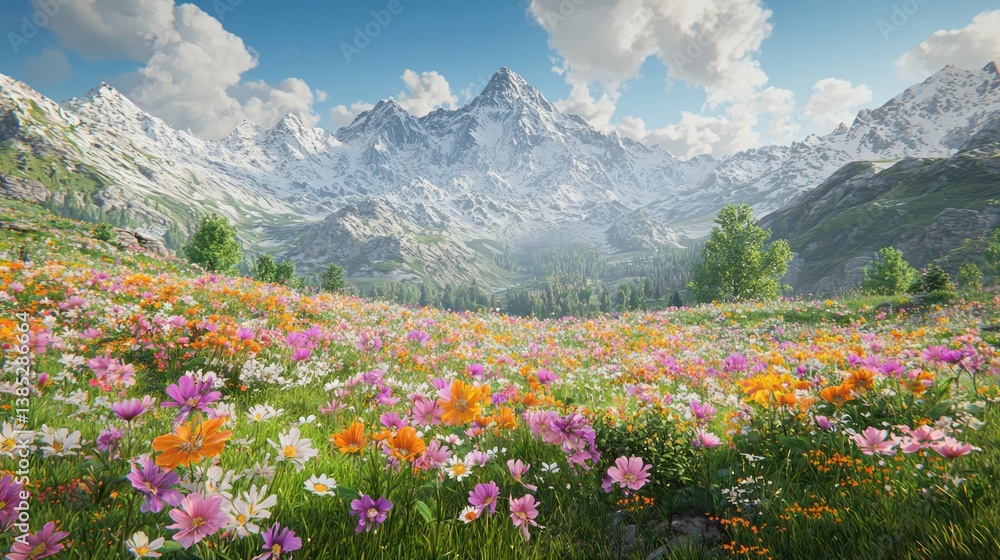 Colorful wildflowers bloom in alpine meadow, majestic snow-capped mountains background; nature scene for travel/tourism Colorful wildflowers bloom in alpine meadow, majestic snow-capped mountains background; nature scene for travel/tourism