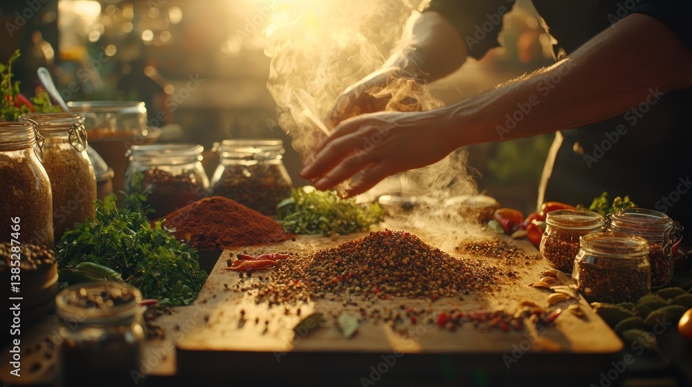 Obraz premium Chef's hands adding spice to mix, sunlight.