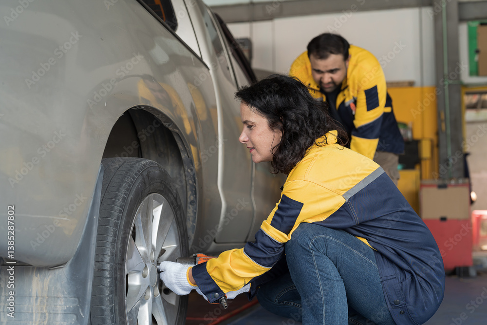 Woman, car mechanic working on engines as mechanic in garage for repair, maintenance and vehicle service. Mechanic inspecting and changing wheel by air impact wrench Woman, car mechanic working on engines as mechanic in garage for repair, maintenance and vehicle service. Mechanic inspecting and changing wheel by air impact wrench