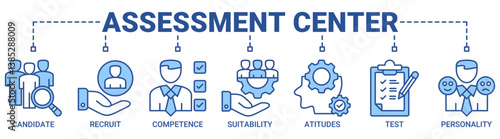 Assessment center banner web icon vector illustration concept with icon of user candidate, recruit, competence, suitability, aptitudes, test and personality icons. Outline blue color symbol background
