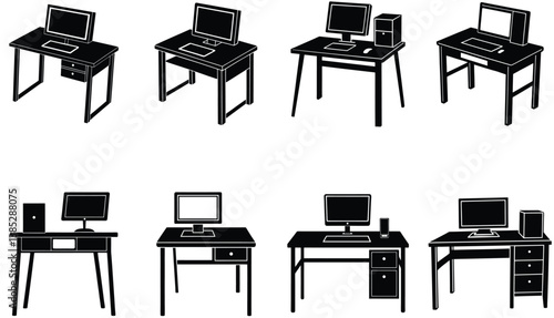 Computer Desk Vector Shilhouette Bundle Set Collection