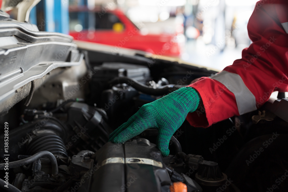 Hands, gloves, car mechanic working on engines as mechanic in garage for repair, maintenance and vehicle service. Small business, startup and garage concept Hands, gloves, car mechanic working on engines as mechanic in garage for repair, maintenance and vehicle service. Small business, startup and garage concept