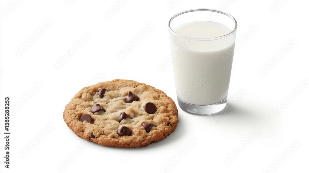 A homemade chocolate chip cookie with a glass of milk. Featuring indulgence and sweetness A homemade chocolate chip cookie with a glass of milk. Featuring indulgence and sweetness