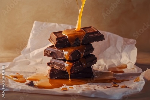 Chocolate blocks stacked with caramel sauce pouring on top in a cozy setting