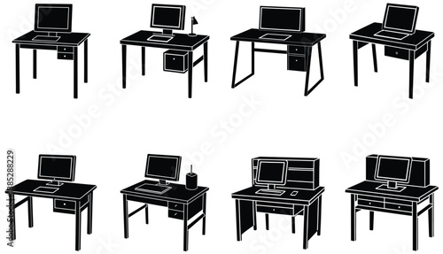 Computer Desk Vector Shilhouette Bundle Set Collection