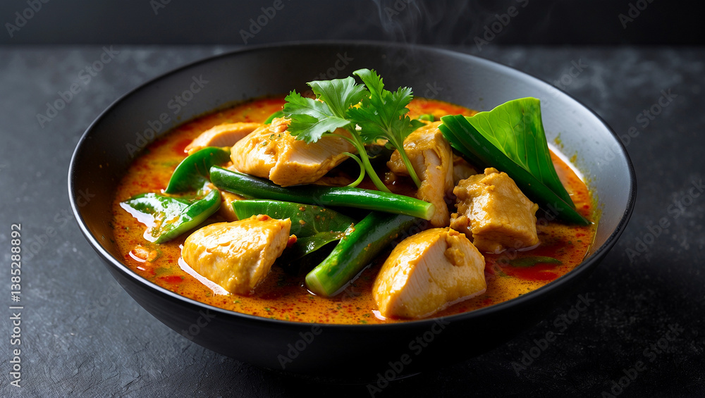 Vibrant chicken red curry with green vegetables Vibrant chicken red curry with green vegetables
