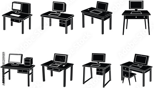 Computer Desk Vector Shilhouette Bundle Set Collection
