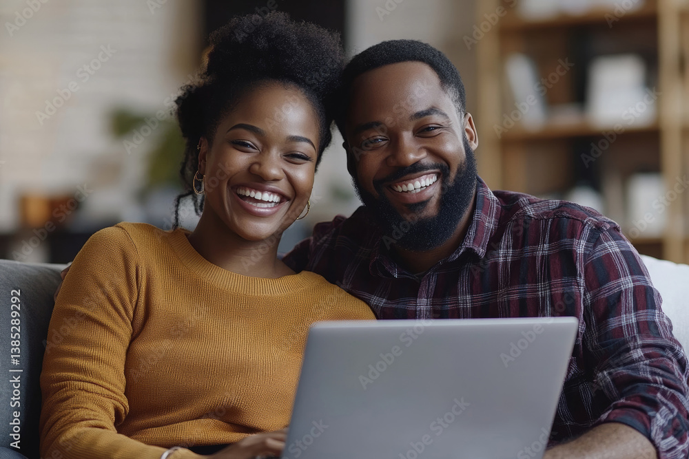 Positive European family sitting on sofa with laptop, sharing joyful moment, engage in an online activity together at home, Generative AI Positive European family sitting on sofa with laptop, sharing joyful moment, engage in an online activity together at home, Generative AI