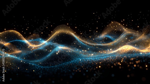 Abstract waves from golden and blue dots on black background. Dynamic motion of particles texture.