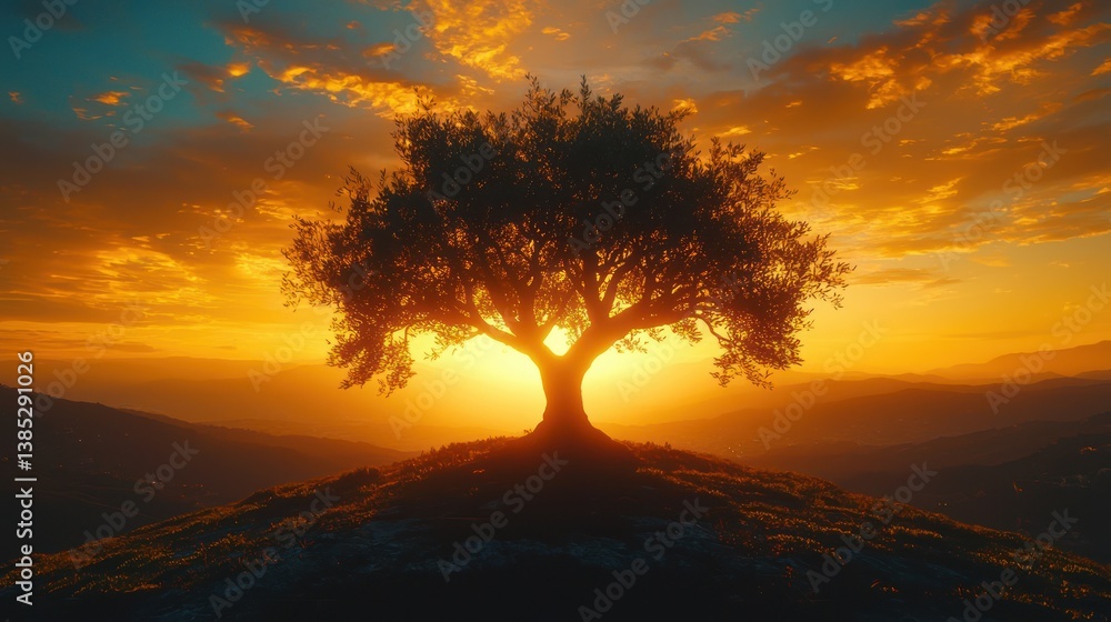 Fototapeta premium Majestic olive tree silhouetted against vibrant sunset over rolling hills; peaceful landscape for nature, travel, or serenity themes