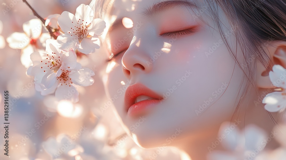 Fototapeta premium Woman resting among cherry blossoms, springtime beauty, outdoor portrait