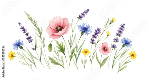 A delicate watercolor bouquet of wildflowers, showcasing vibrant poppies, lavender, and cornflowers in a summer meadow scene.