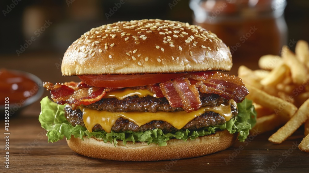 A gourmet burger with layers of crispy bacon, fresh lettuce, tomato, and melted cheese, with golden fries on the side A gourmet burger with layers of crispy bacon, fresh lettuce, tomato, and melted cheese, with golden fries on the side