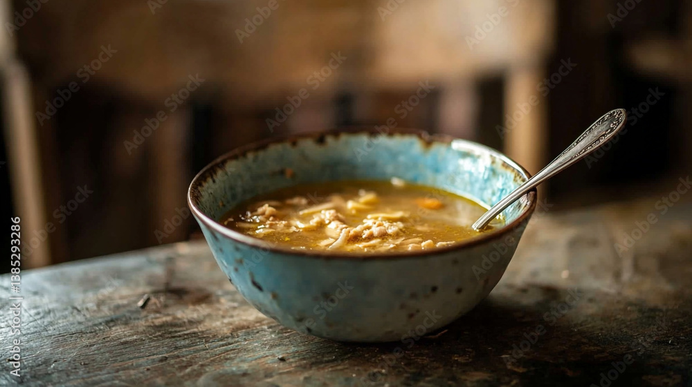 A bowl of soup with a spoon on a wooden table in a dimly lit room with a blurred background A bowl of soup with a spoon on a wooden table in a dimly lit room with a blurred background