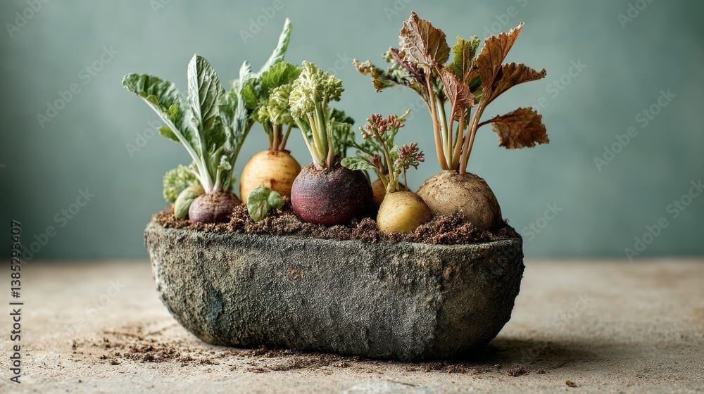 Root vegetables sprouting from rustic concrete planter for organic gardening and eco lifestyle themes