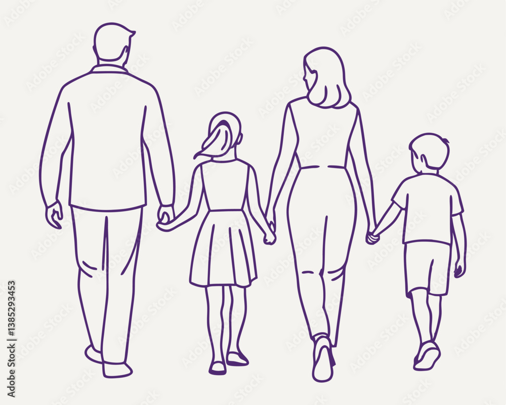 Simple Line Drawing of a Family Walking Away Holding Hands. Simple Line Drawing of a Family Walking Away Holding Hands.